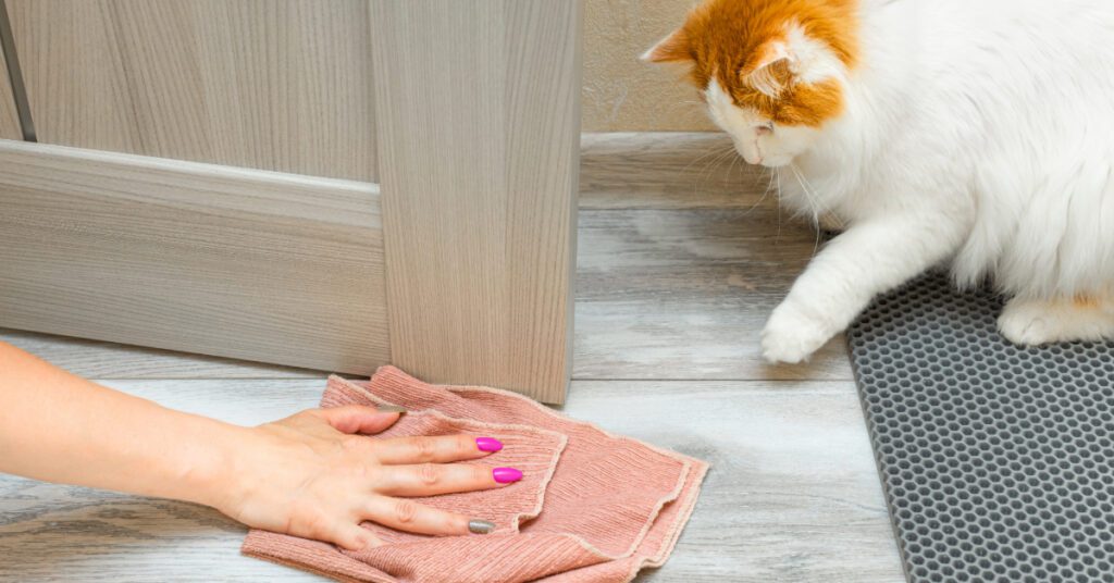 female owner cleaning the floor while orange and white cat watches