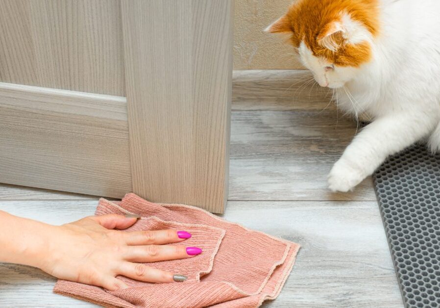 female owner cleaning the floor while orange and white cat watches